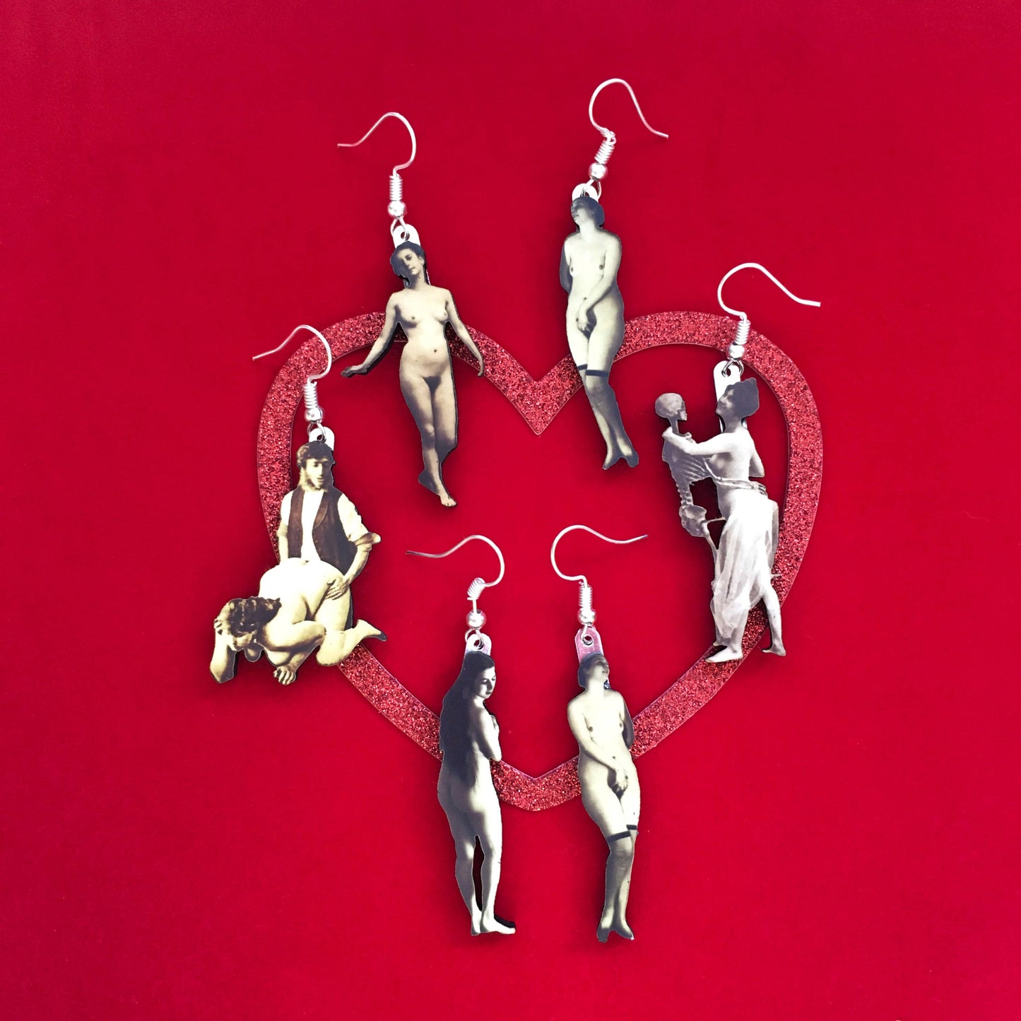 Dancing with Skeleton - Sexy Vintage Erotic Earrings - Wood