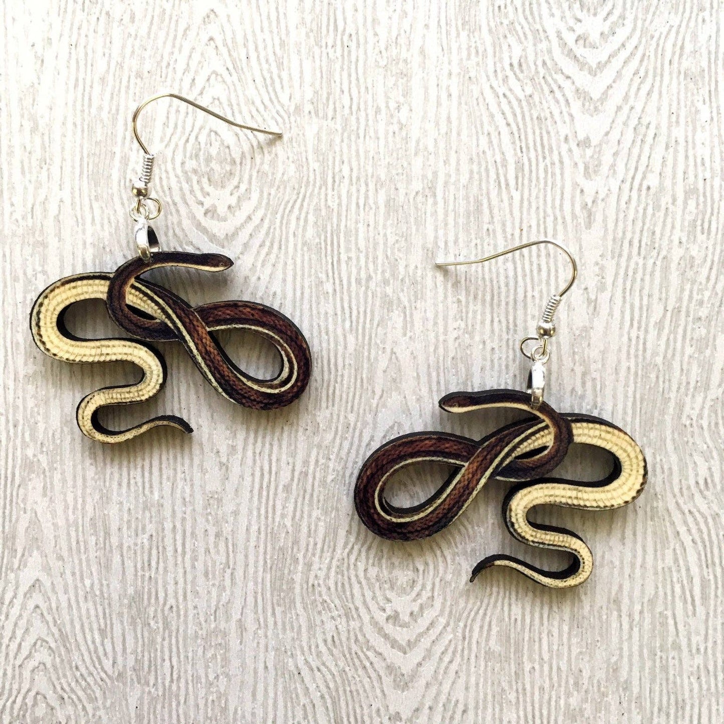 Garter Snake Earrings - Antique Image - Laser Cut Wood