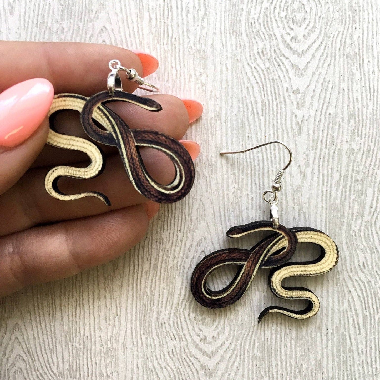 Garter Snake Earrings - Antique Image - Laser Cut Wood