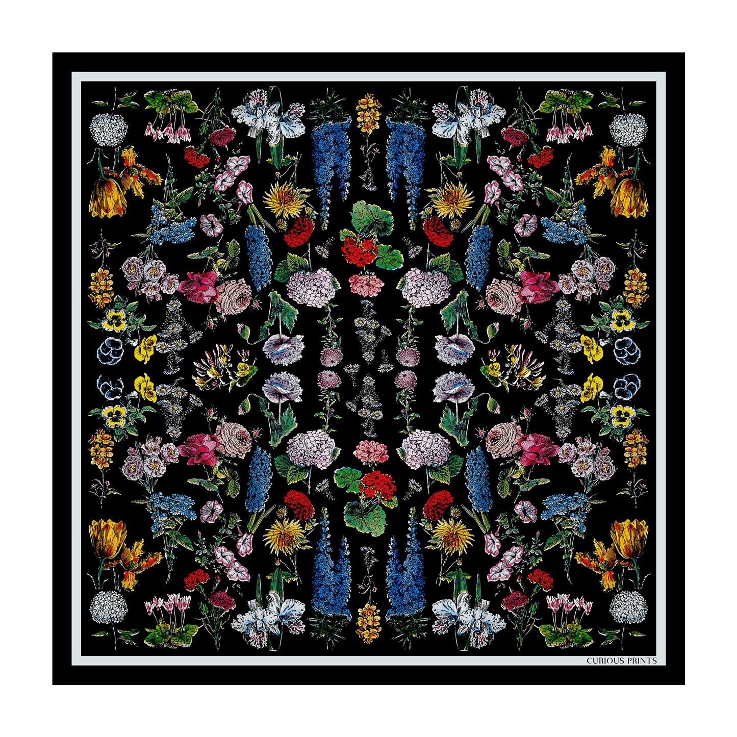 100% Silk Scarf Botanical Black Floral Bandana 17x17