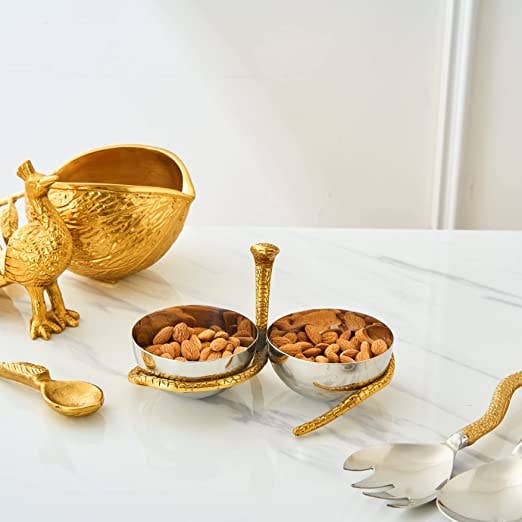 Gold Brass & Silver Double Decorative Bowls, Serpent Snake