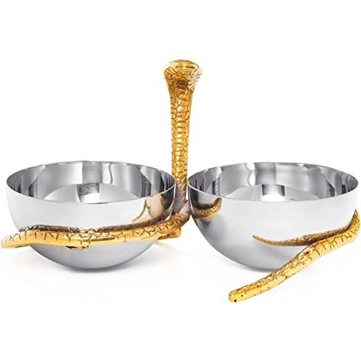 Gold Brass & Silver Double Decorative Bowls, Serpent Snake