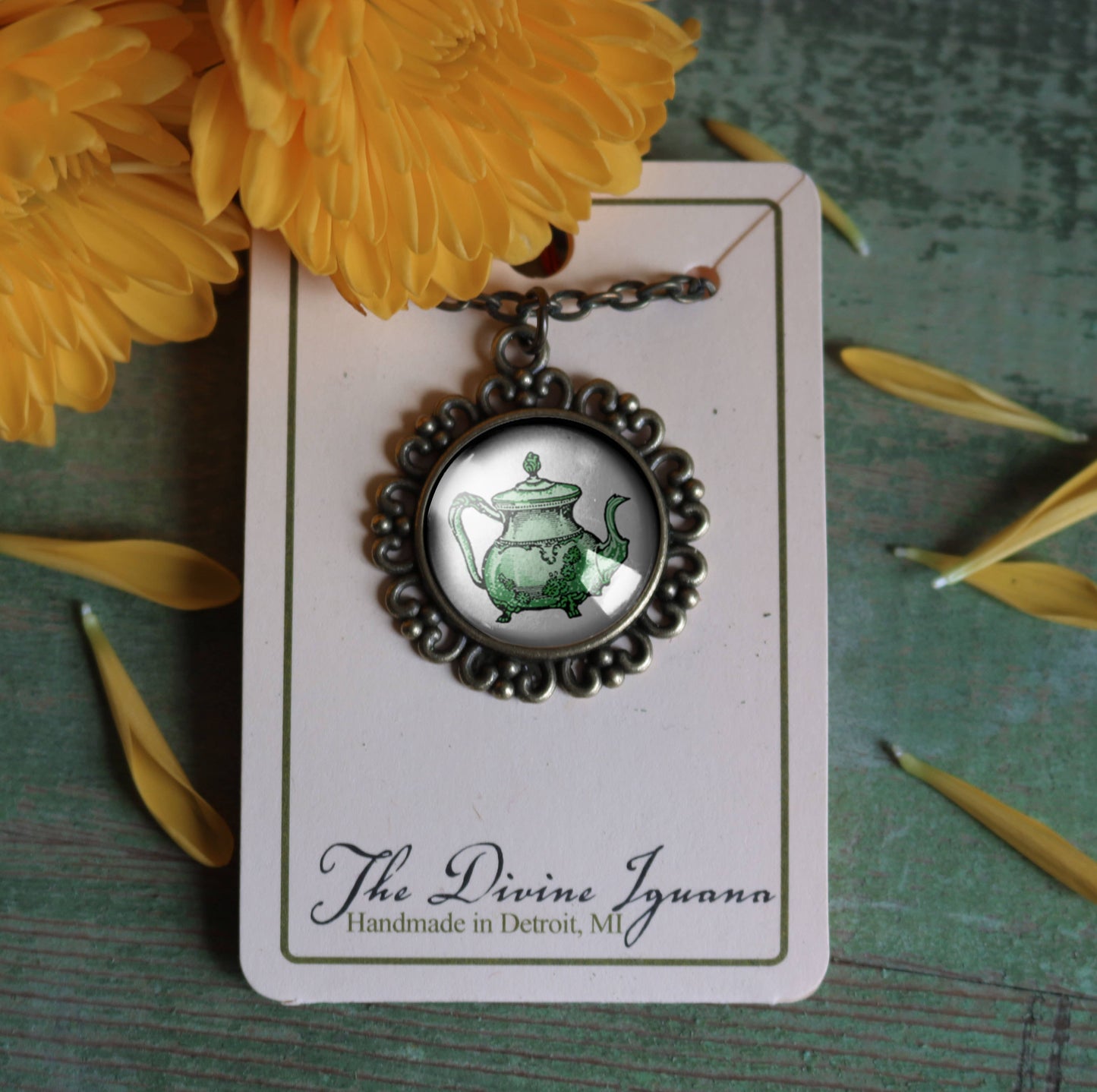 Pastel Green Teapot Steampunk Ornate Pendant Necklace i