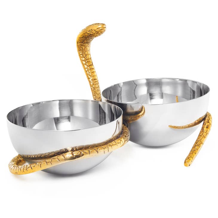 Gold Brass & Silver Double Decorative Bowls, Serpent Snake