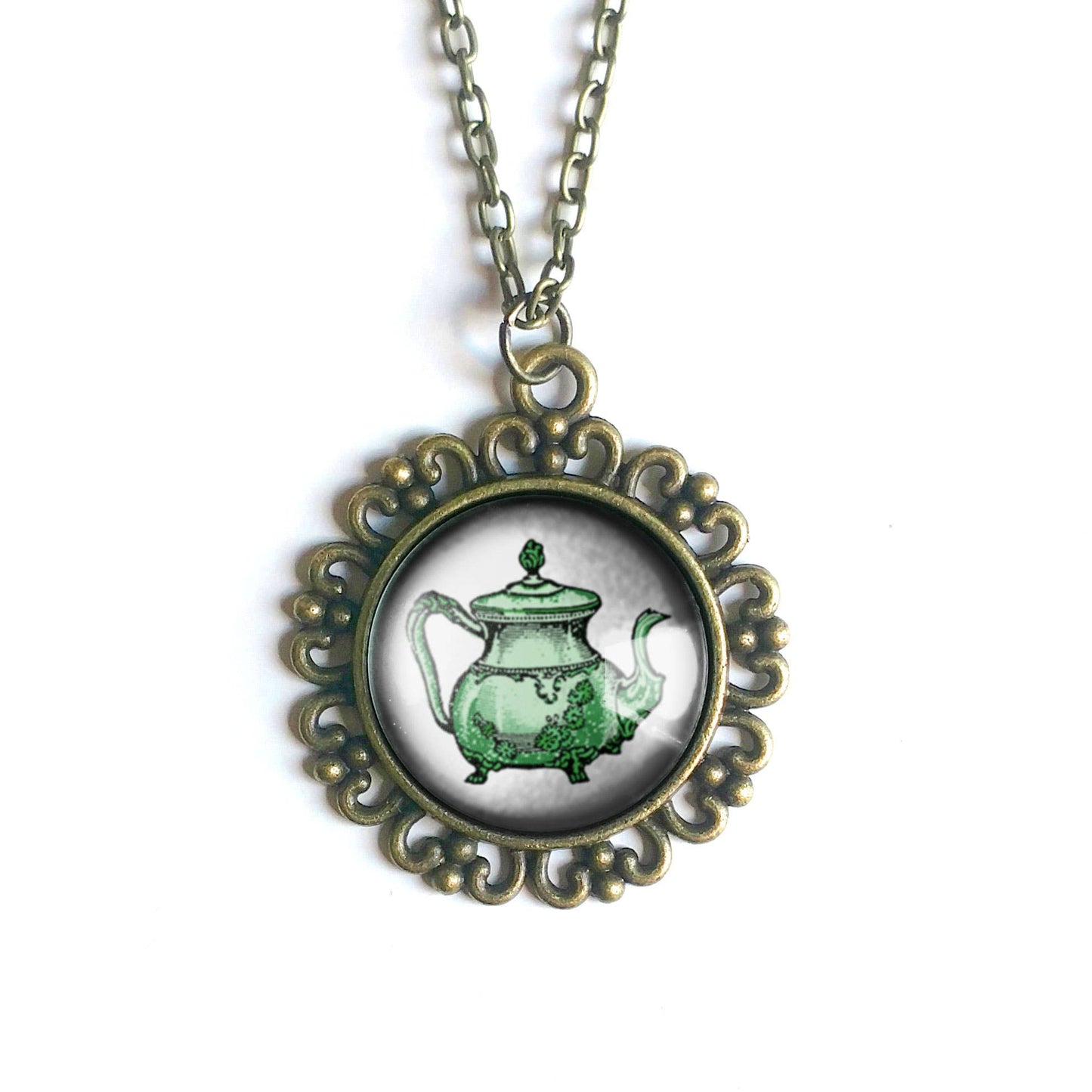 Pastel Green Teapot Steampunk Ornate Pendant Necklace i