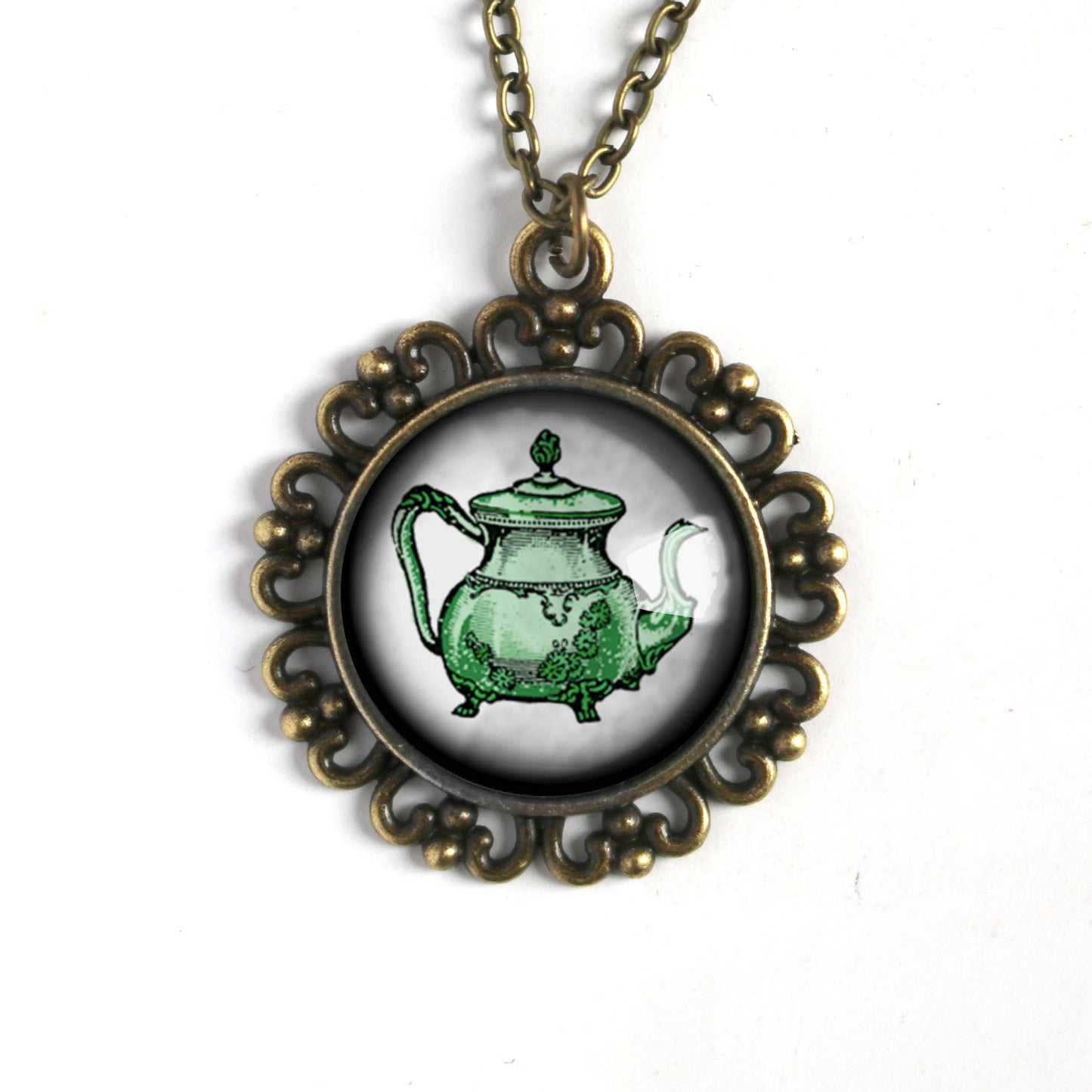 Pastel Green Teapot Steampunk Ornate Pendant Necklace i