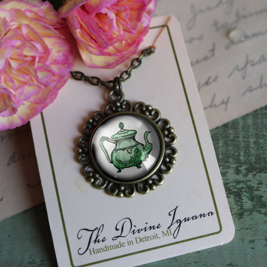 Pastel Green Teapot Steampunk Ornate Pendant Necklace i