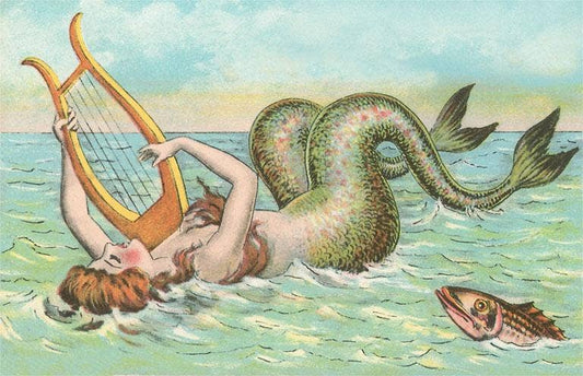 Mermaid Playing Lyre - Vintage Image, Postcard