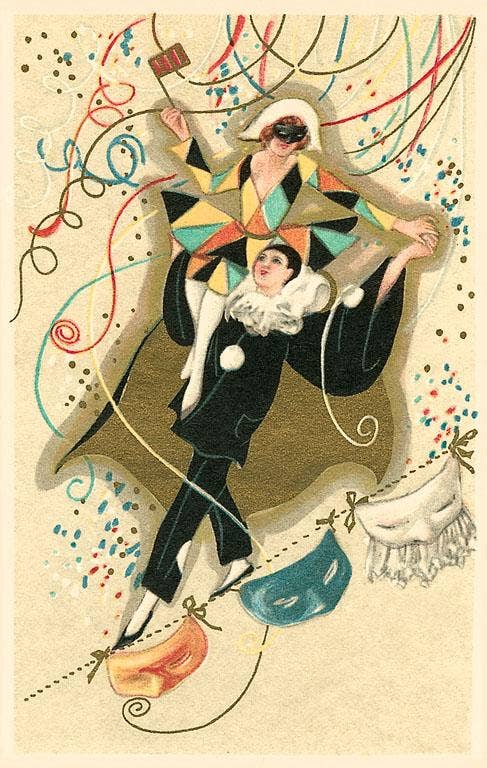 Harlequin and Pierrot with Confetti - Vintage Image, Postcard