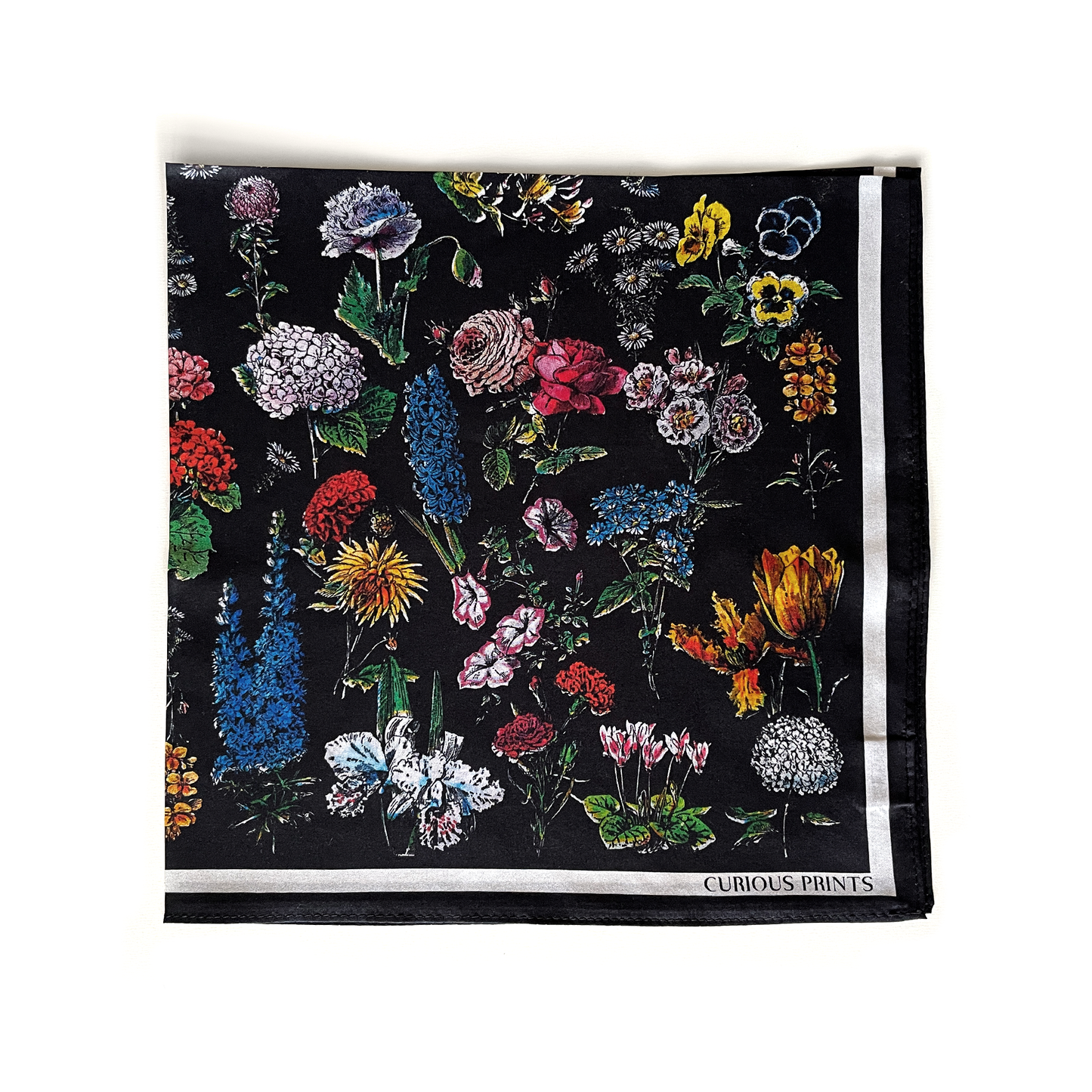 100% Silk Scarf Botanical Black Floral Bandana 17x17